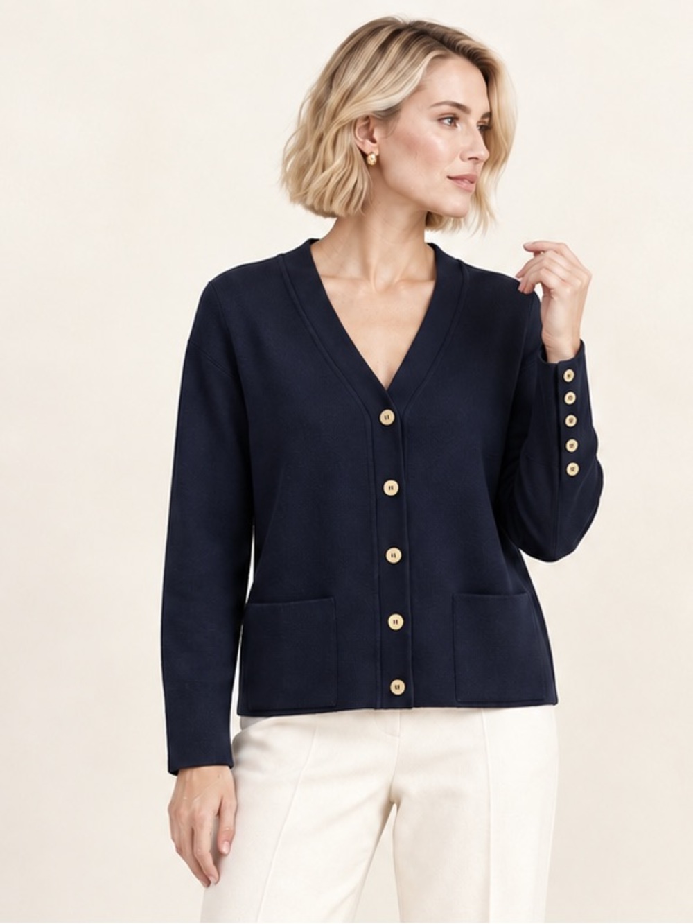 Vintage 90s Lucia Navy Wool Cardigan Gold Button Cuffs Pockets Sz M